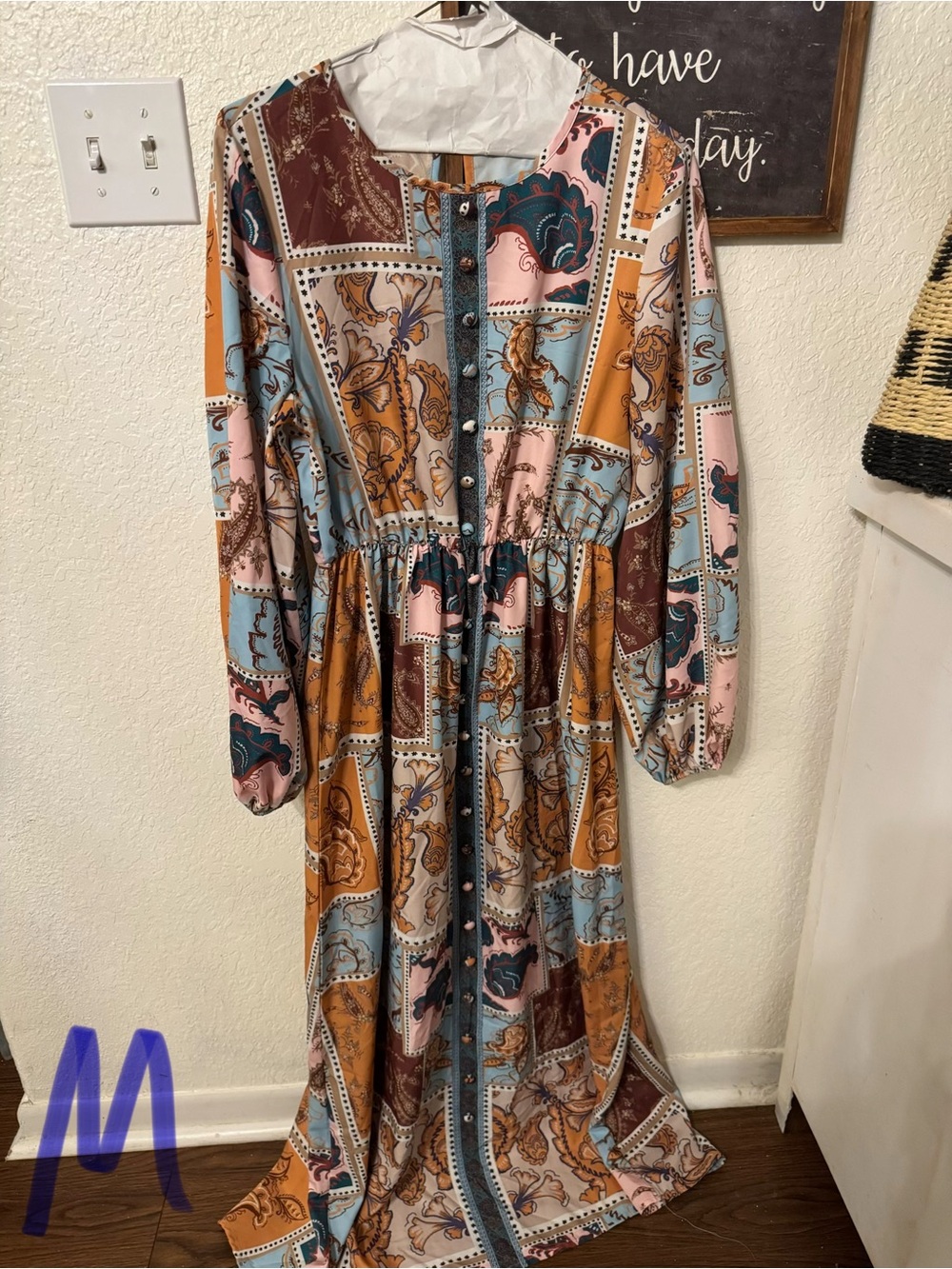 Vintage-Inspired Patchwork Maxi Dress in Pink, Blue & Tan